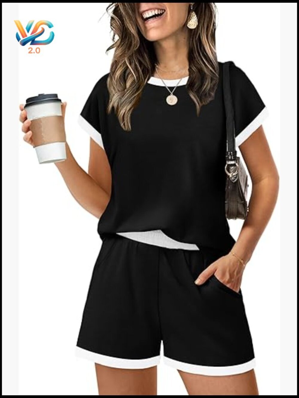 Women's Two Piece Short Set Lounge Summer Outfits with Pockets Crew Neck